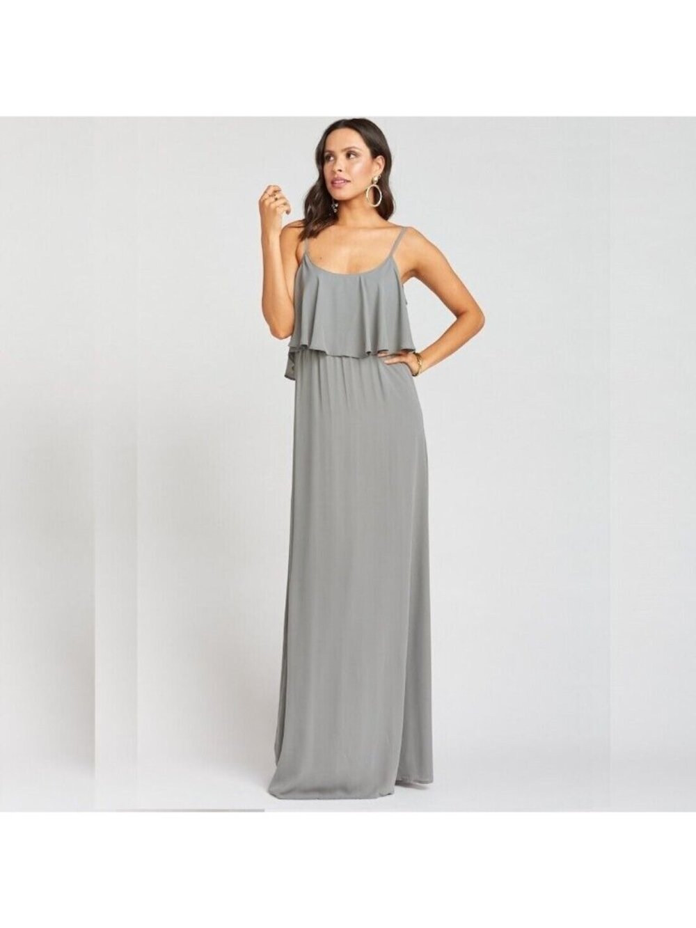 Show Me Your Mumu Caitlin Ruffle Maxi Dress Small Light Gray Flowy Boho Chiffon